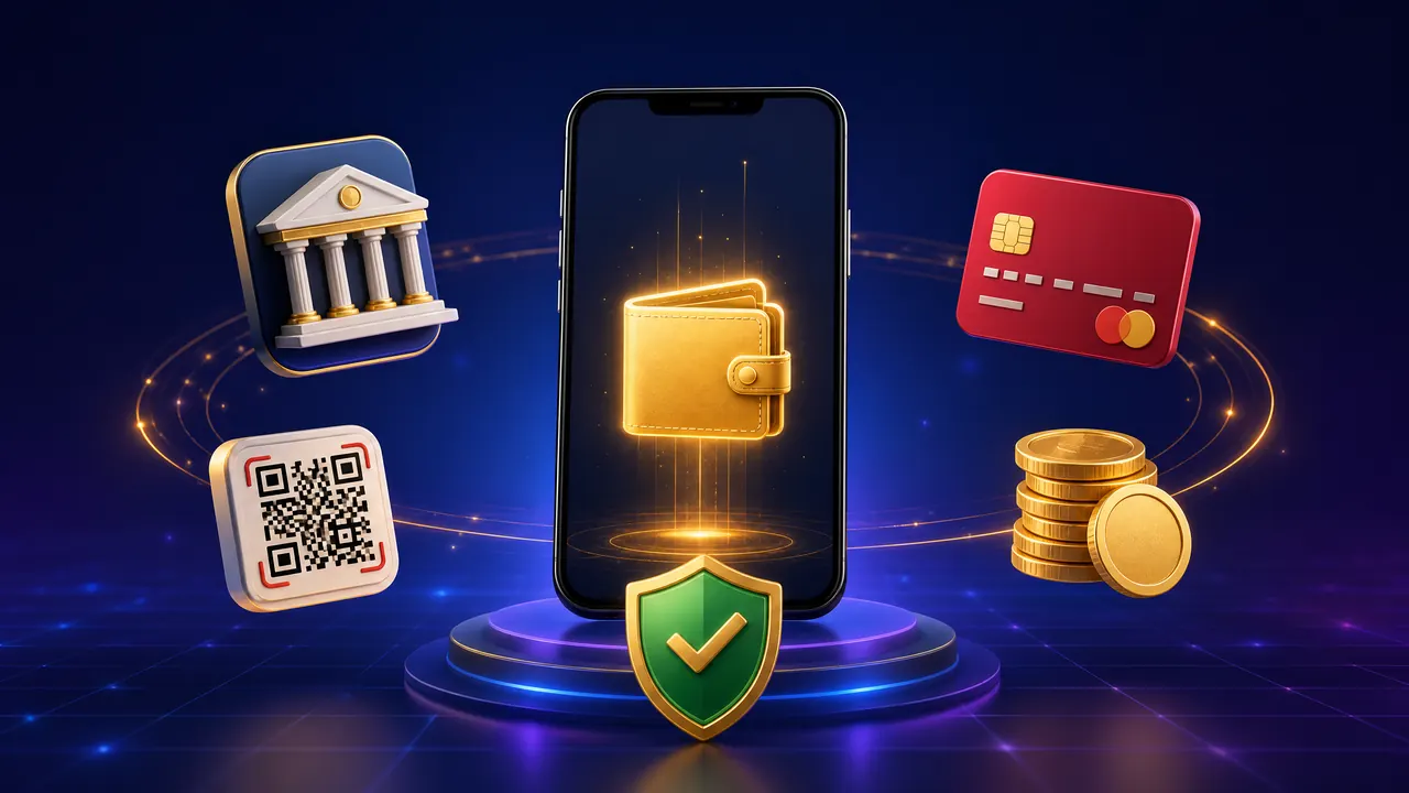 Ilustrasi metode pembayaran digital Indonesia: bank, e-wallet, QRIS, dan pulsa